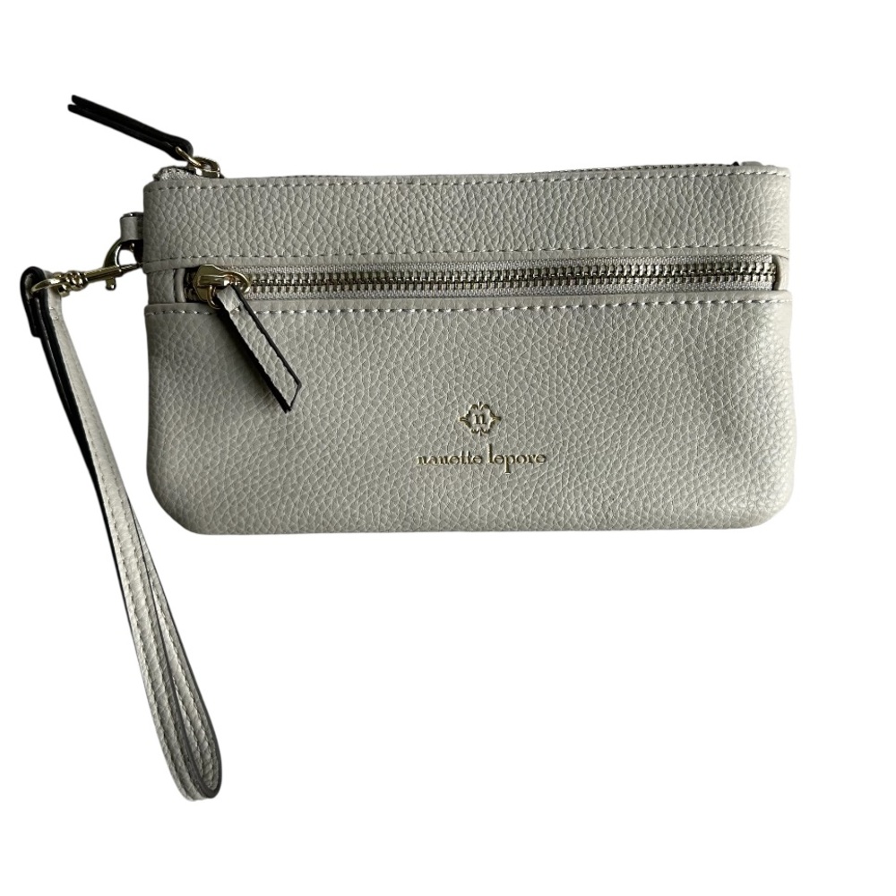 NANETTE LEPORE Tech Wristlet Clutch Vegan Pebbled Leather Oatmeal Gold Logo